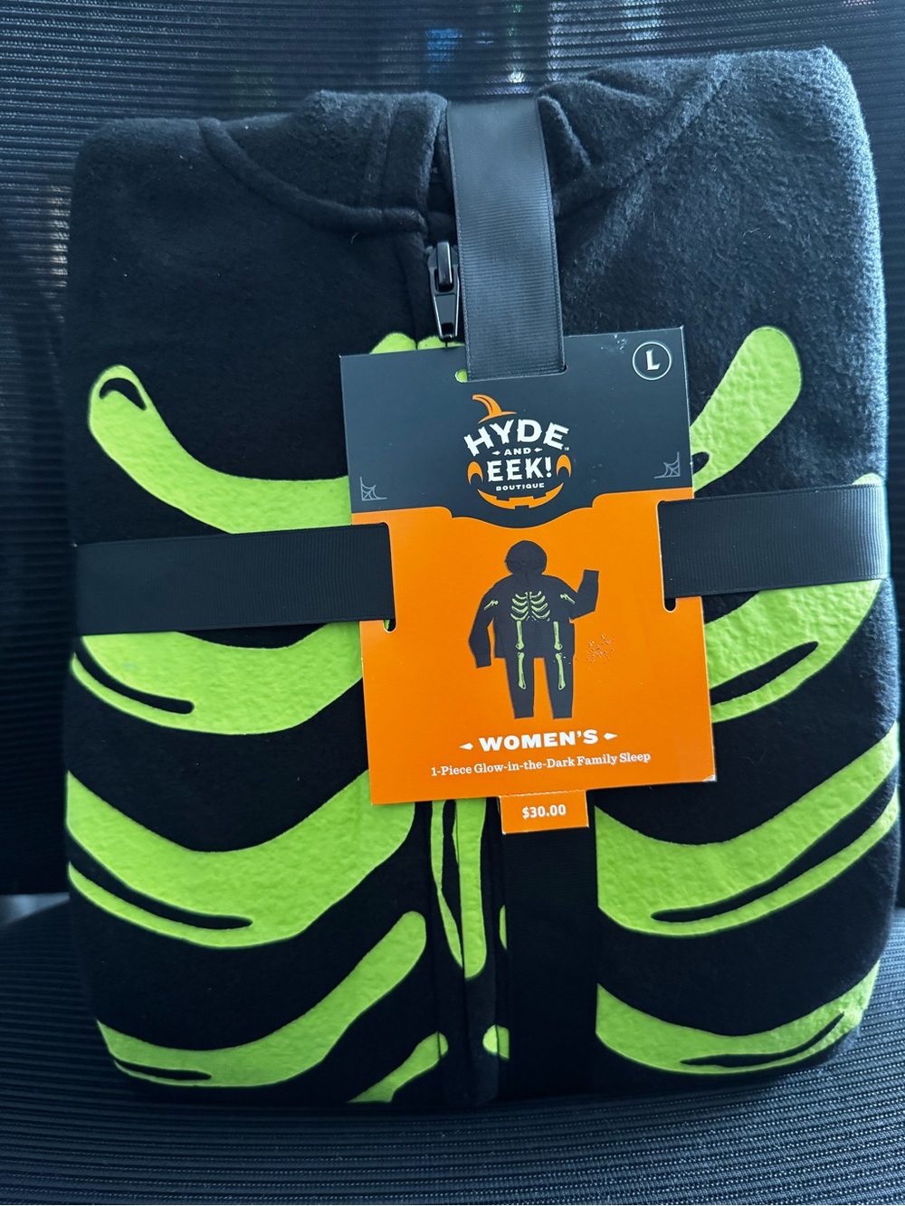 Women's Black & Neon Green Glow Skeleton one piece costume zip large